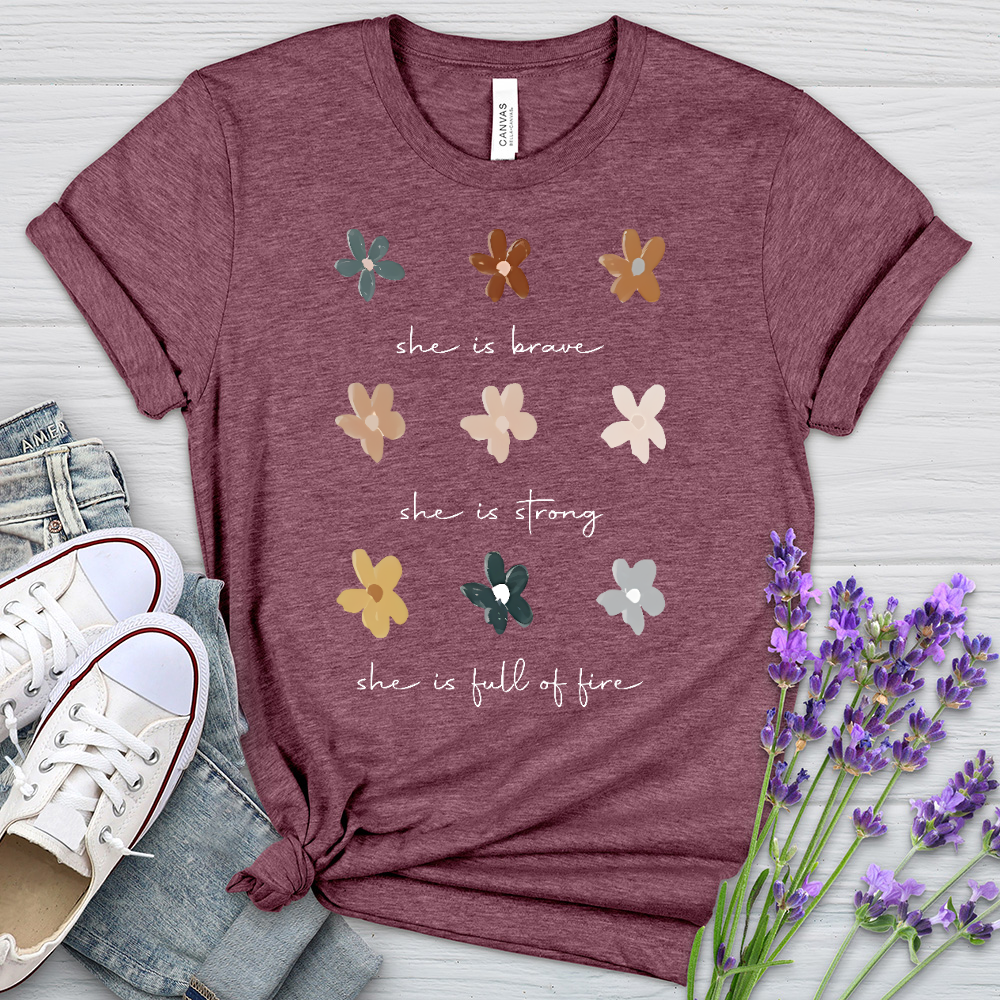 She Is Brave Flower Pattern Heathered Tee