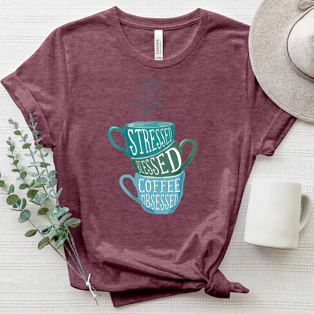 Stressed and Blessed Coffee Cups Heathered Tee