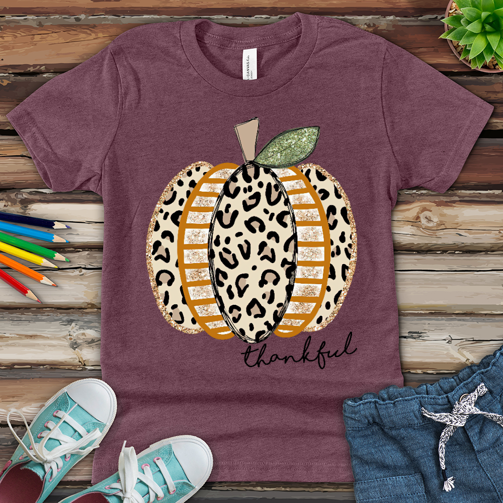 Thankful Leopard Spotted Pumpkin Youth Heathered Tee