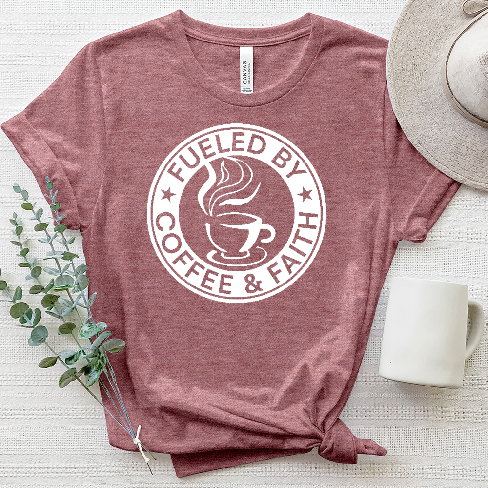 Fueled by Coffee and Faith Logo Heathered Tee