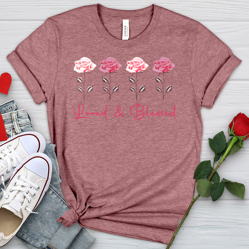 Loved & Blessed Pink Roses Heathered Tee