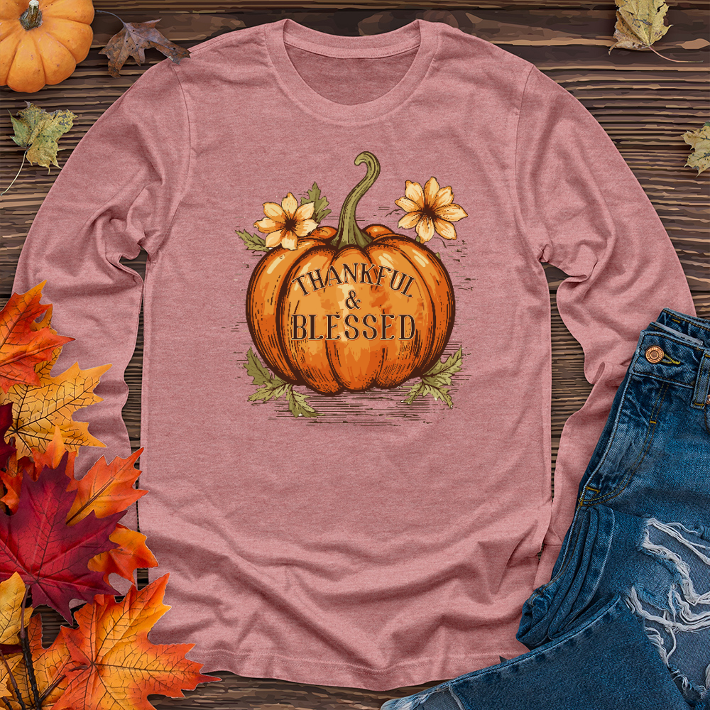 Thankful & Blessed Floral Pumpkin Long Sleeve Tee