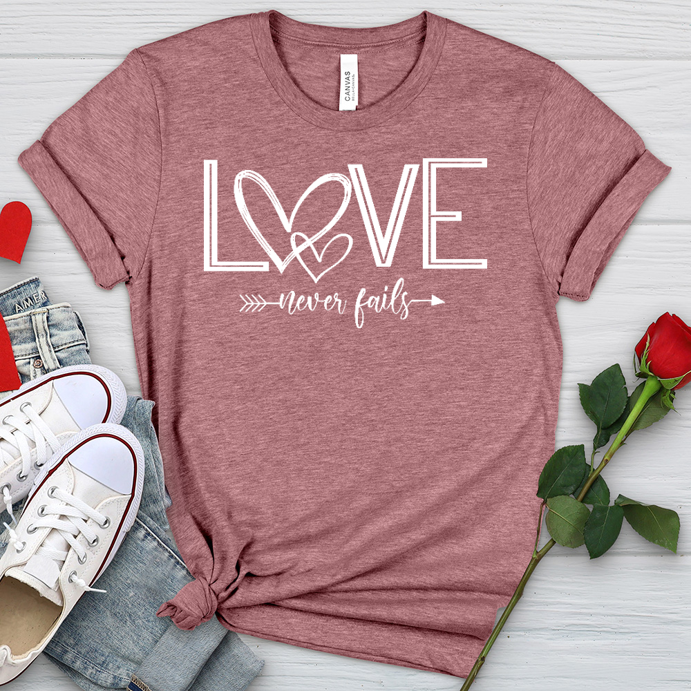 Love Never Fails Heart Arrow Heathered Tee