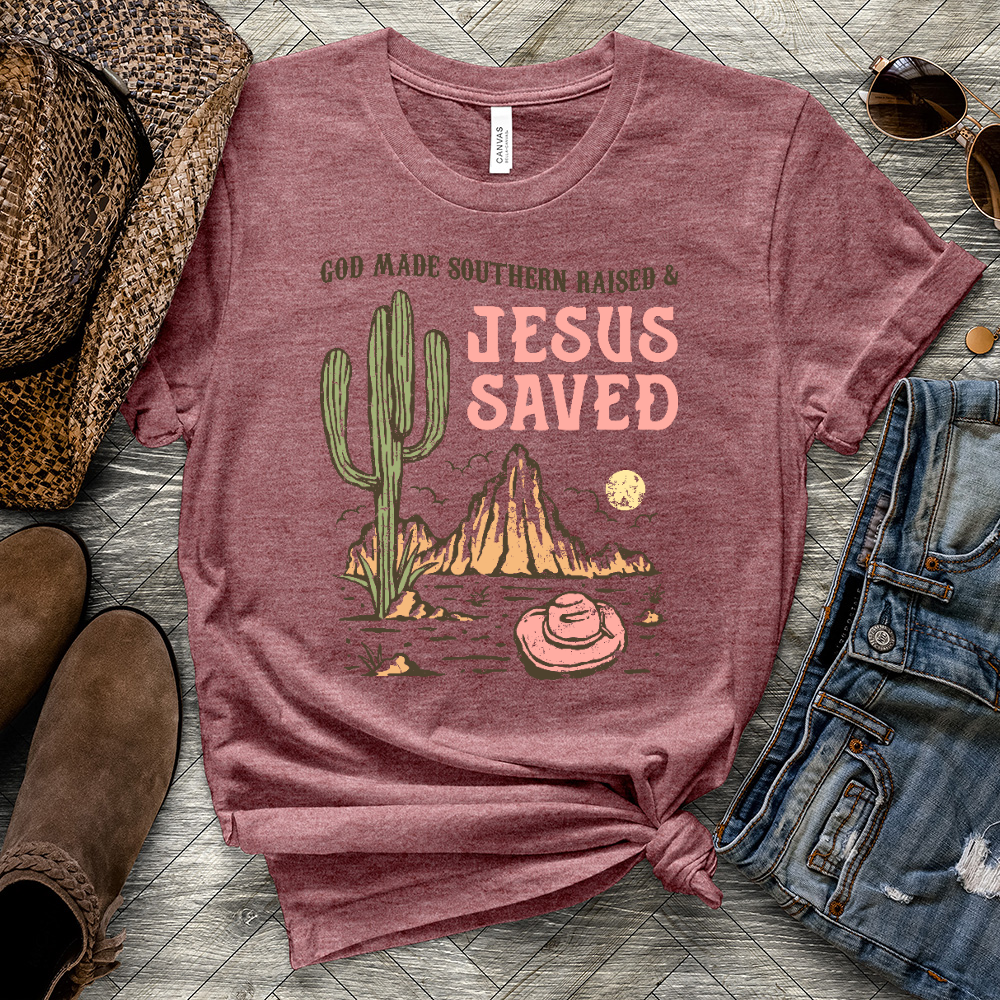 Southern Raised Jesus Saved Heathered Tee