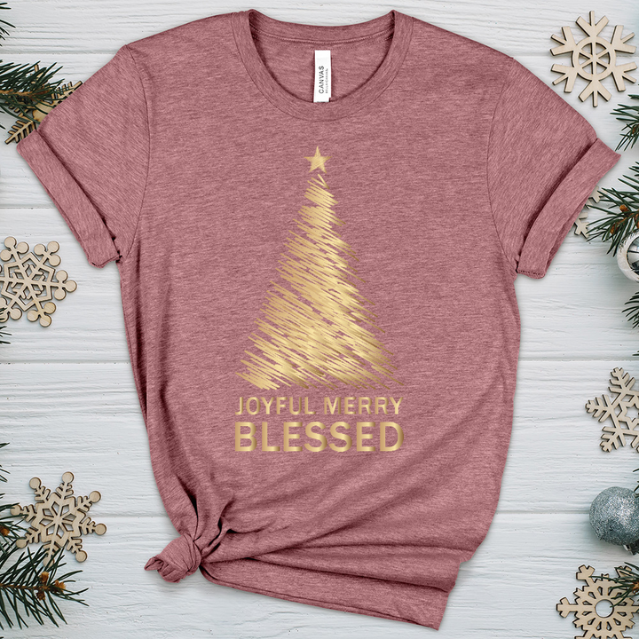 Joyful Merry Blessed Gold Tree Heathered Tee