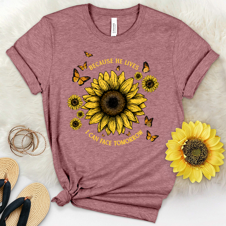 Because He Lives Sunflower Butterflies Heathered Tee