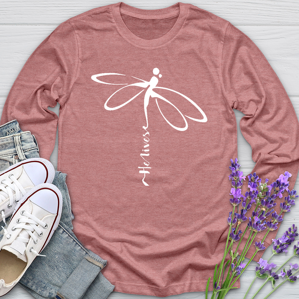 He Lives Dragonfly White Long Sleeve Tee