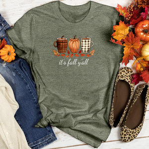 It's Fall Plaid Coffee Cups Heathered Tee