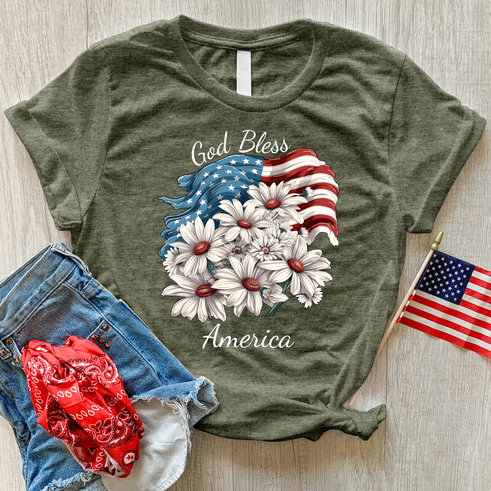God Bless American Daisies Heathered Tee
