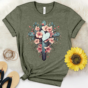 Cross Heart Flowers Heathered Tee