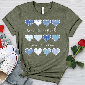 Love Is Patient Blue Hearts Heathered Tee