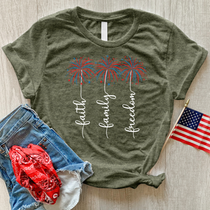 Faith Family Fireworks Art Heathered Tee