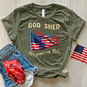 God Shed Fireworks Waving Flag Heathered Tee