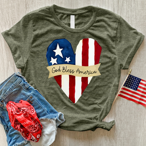 God Bless America Striped Heart Heathered Tee