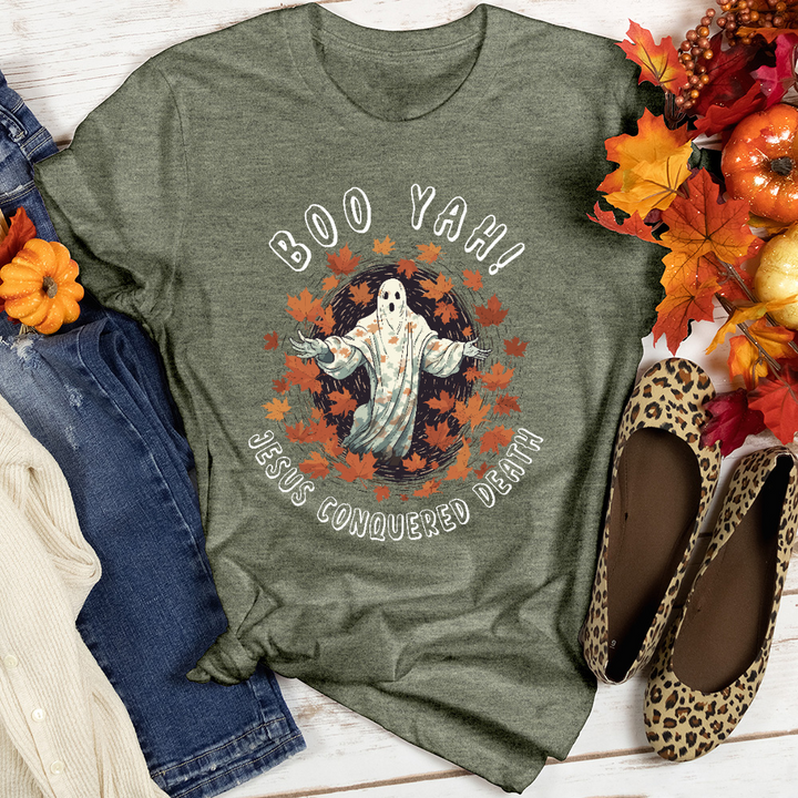 Boo Yah Jesus Conquered Heathered Tee
