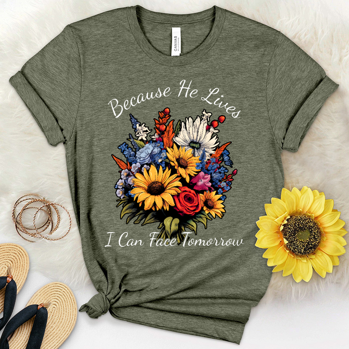 Because He Lives I can Face Tomorrow Wildflower Heathered Tee