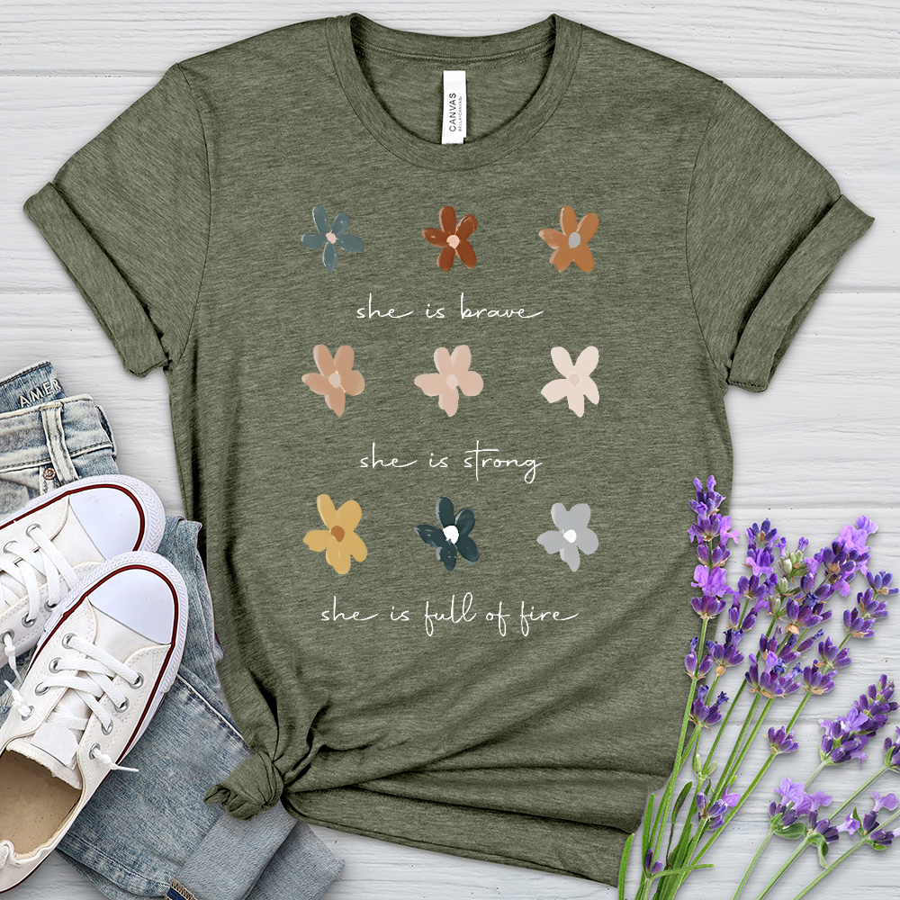 She Is Brave Flower Pattern Heathered Tee