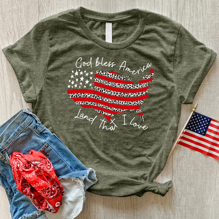 God Bless America Leopard Heathered Tee