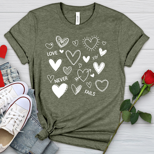 Love Never Fails Assorted Hearts Heathered Tee