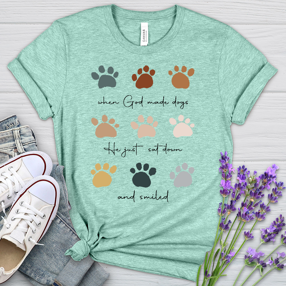 When God Created Dogs Paw Prints Heathered Tee