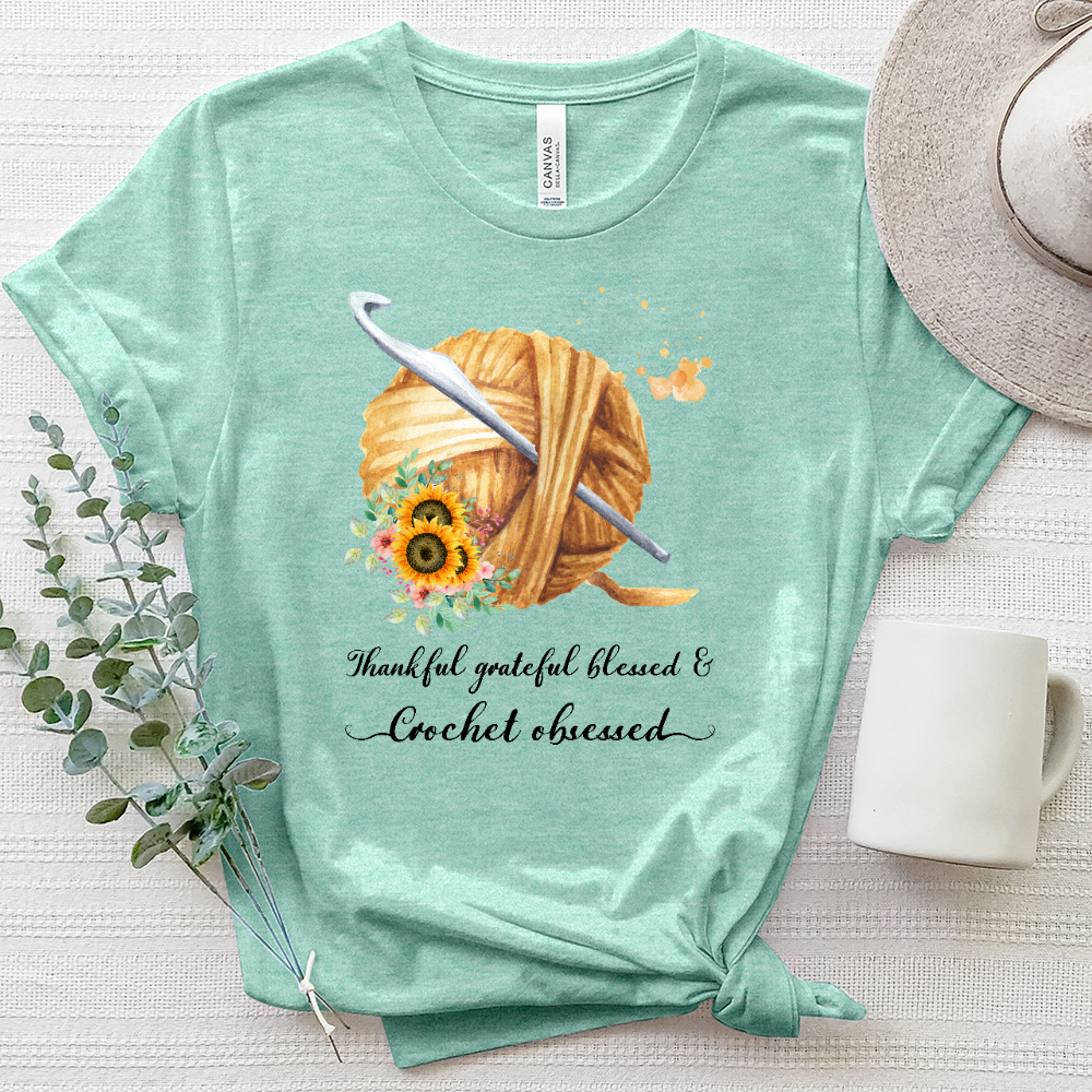 Thankful Grateful Blessed & Knitting Obsessed Sunflower Heathered Tee