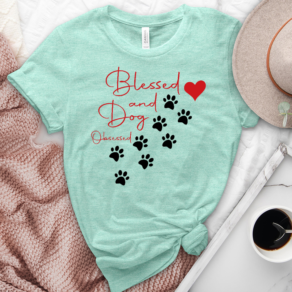 Blessed and Dod Obsessed Paw Print Heathered Tee