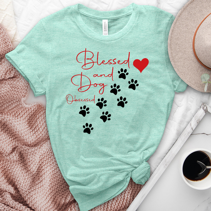 Blessed and Dod Obsessed Paw Print Heathered Tee