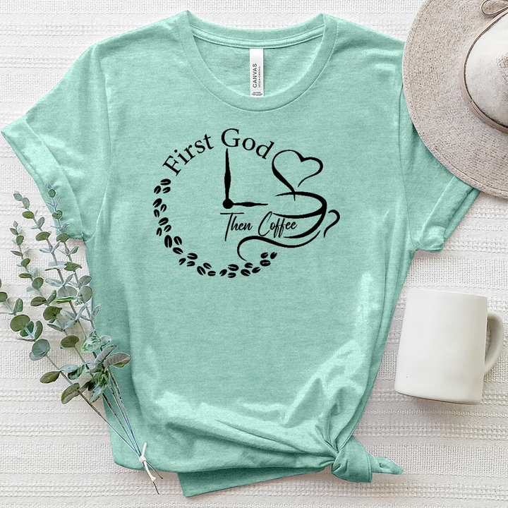 First God Then Coffee Clock Heathered Tee