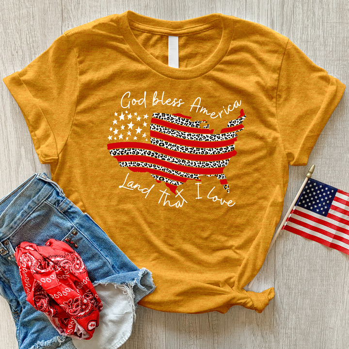 God Bless America Leopard Heathered Tee