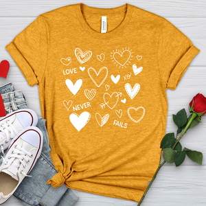 Love Never Fails Assorted Hearts Heathered Tee