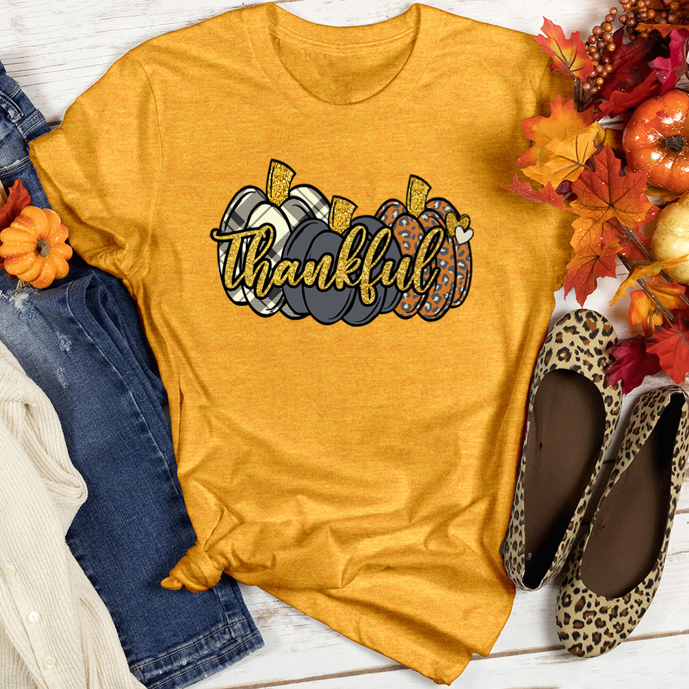 Thankful Gold Text Pumpkins Heathered Tee