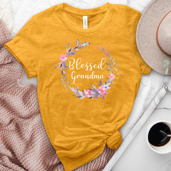 Blessed Grandma Pink Wreath Heathered Tee