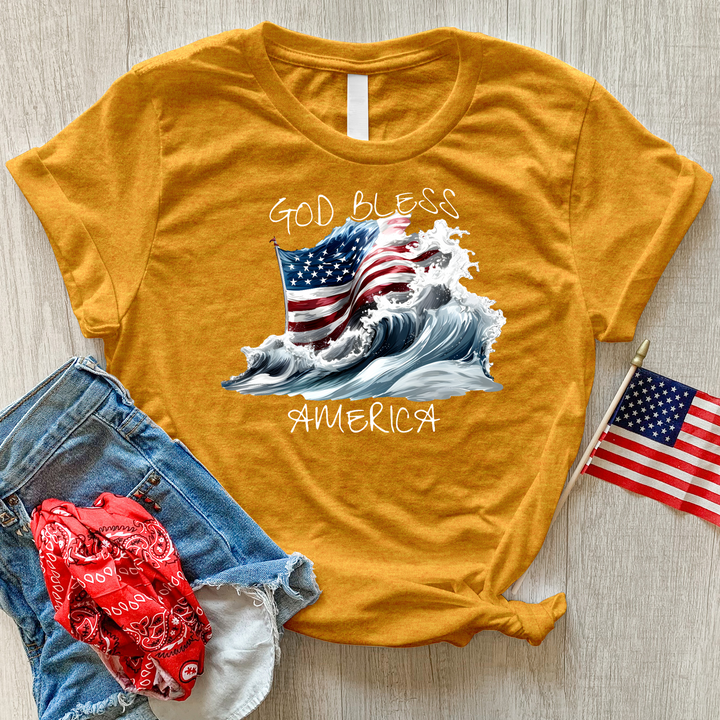 Waving American Flag With Ocean Waves Heathered Tee