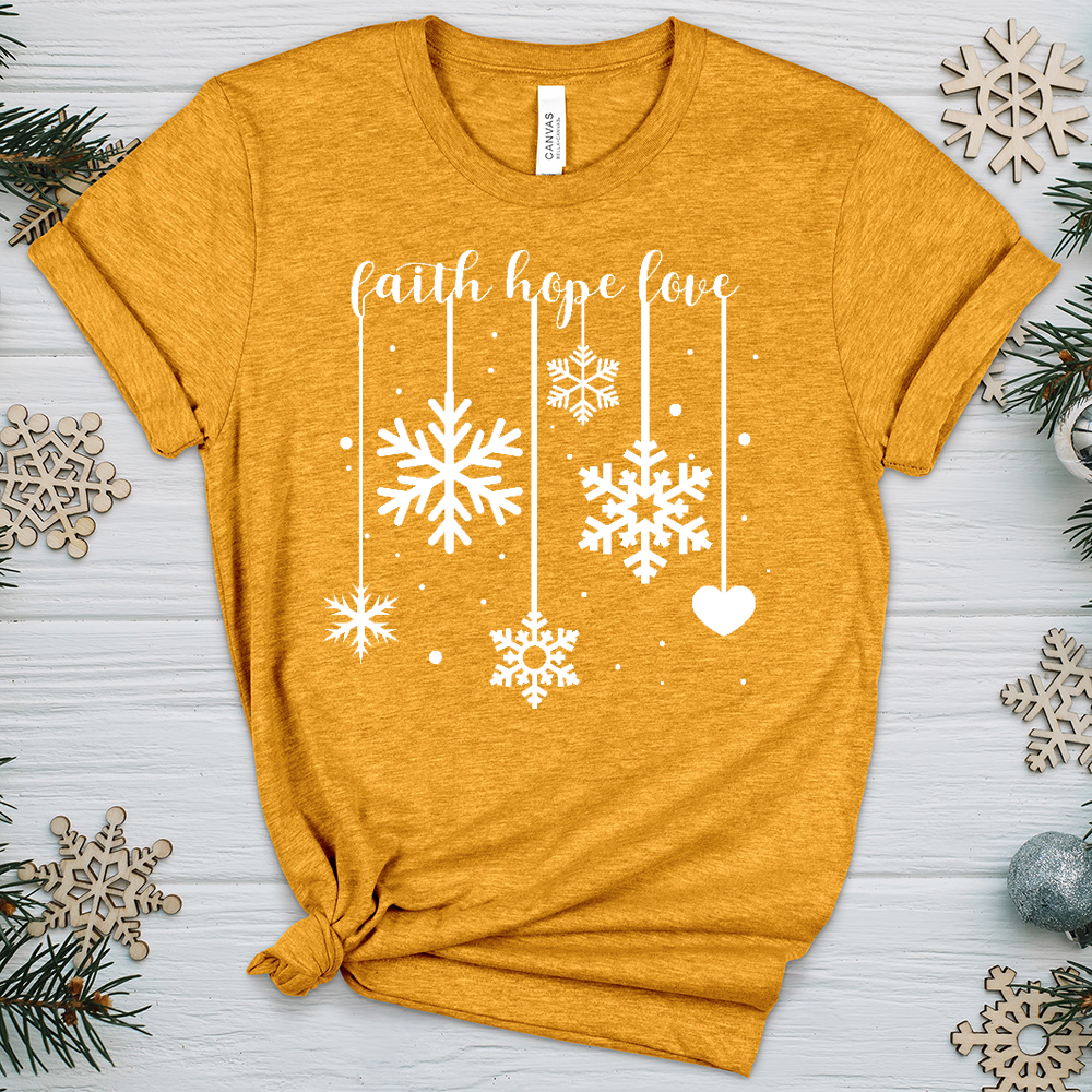 Faith Hope Love Dangling Snowflakes Heathered Tee