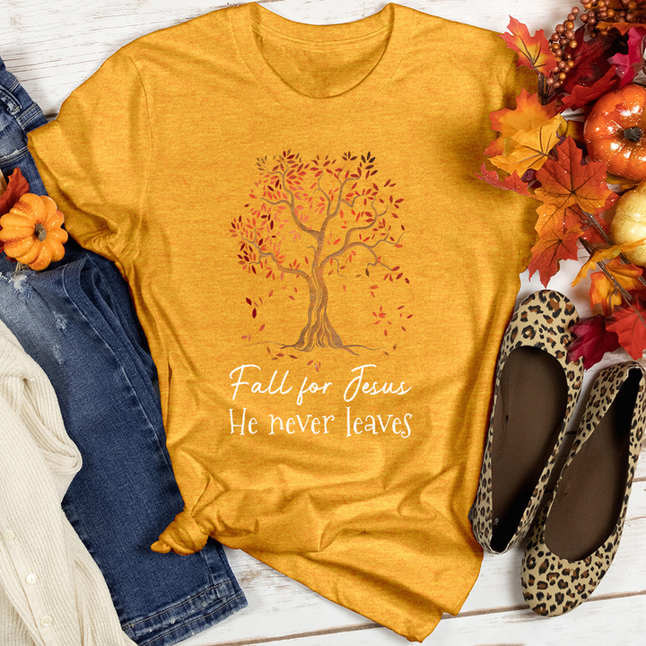 Fall for Jesus He Never Leaves Heathered Tee