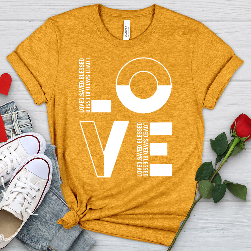 Loved Saved Blessed Word Art Heathered Tee