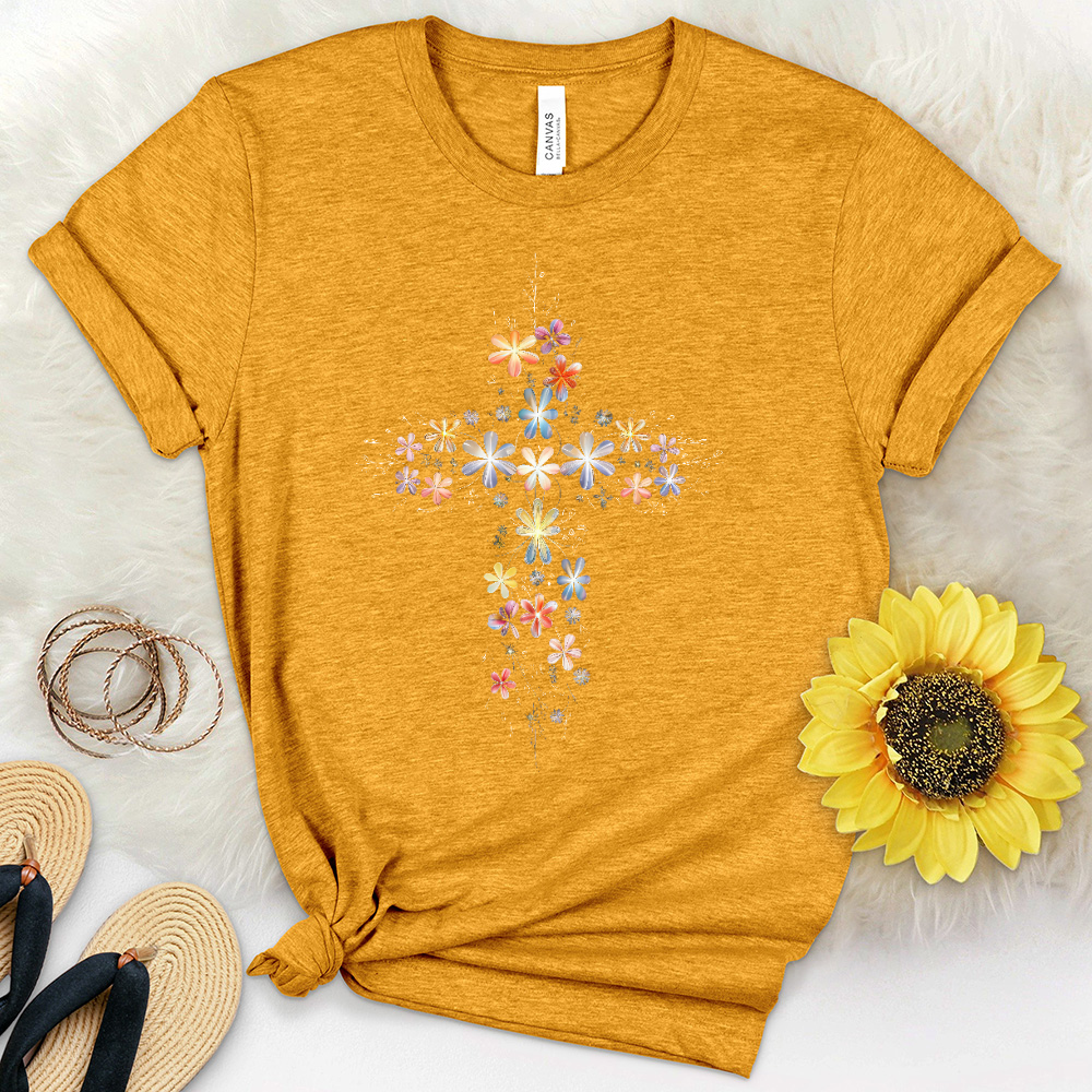 Blooming Flowers Cross Heathered Tee