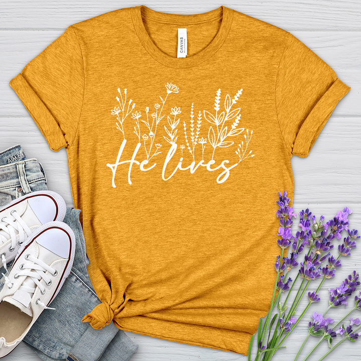 He Lives Wildflowers Heathered Tee