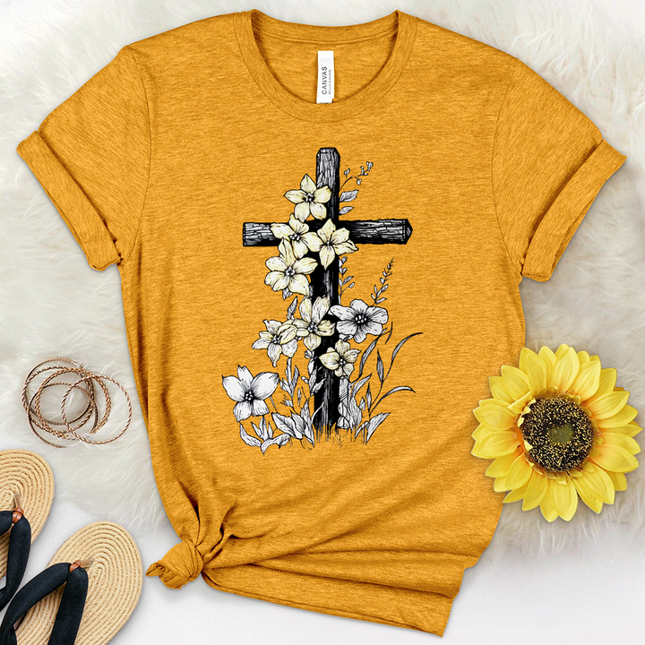 Cross With Flowers Heathered Tee