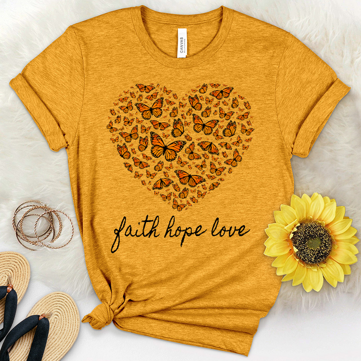 Faith Hope Love Butterfly Heart Heathered Tee