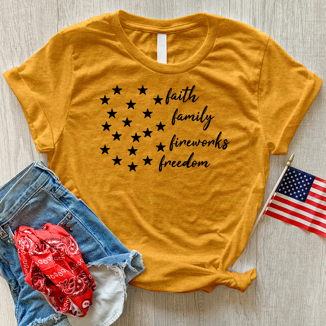 Faith Family Fireworks Stars Heathered Tee