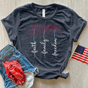 Faith Family Fireworks Art Heathered Tee