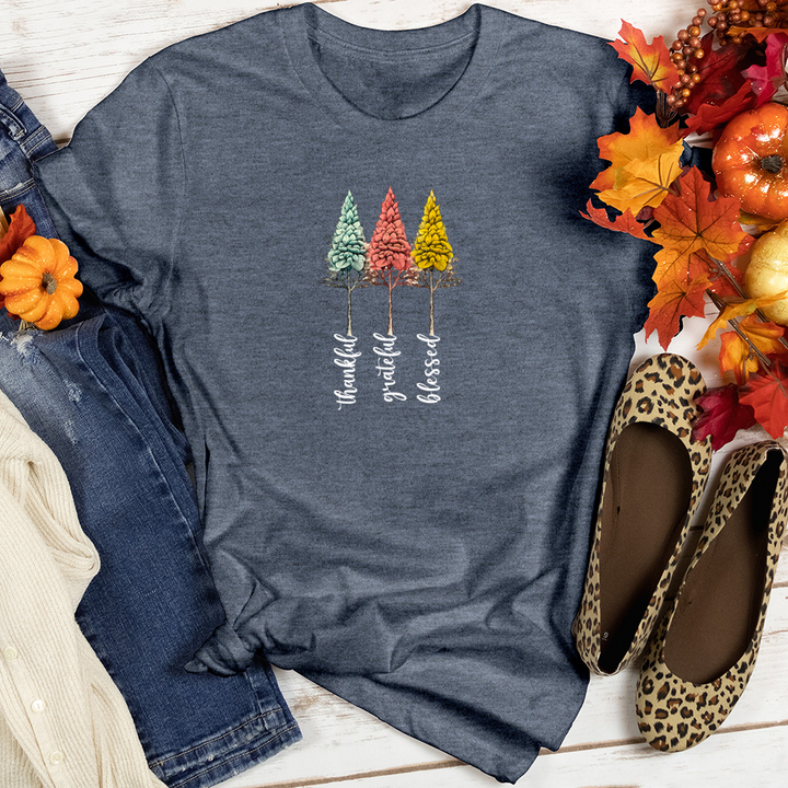 Retro Gratitude Trio Pine Trees Heathered Tee