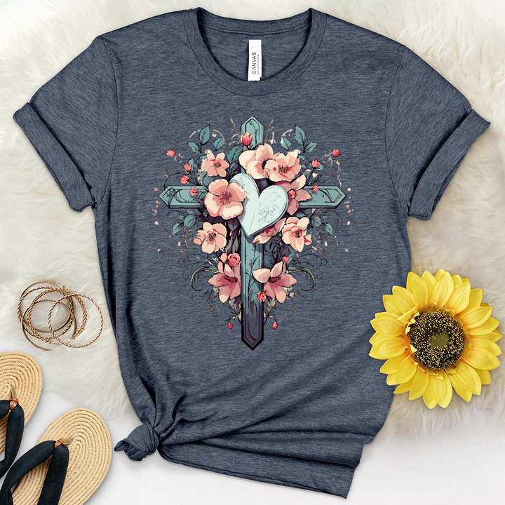 Cross Heart Flowers Heathered Tee