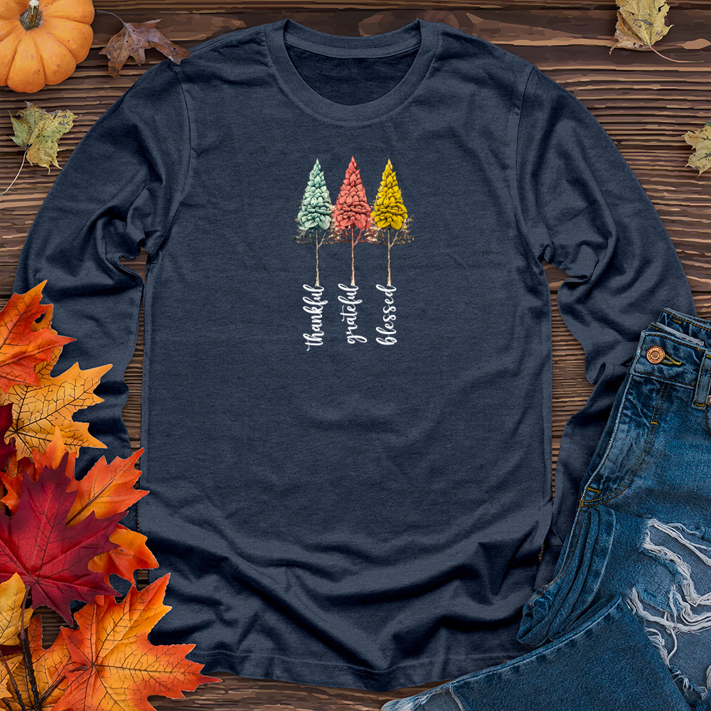 Retro Gratitude Trio Pine Trees Long Sleeve Tee