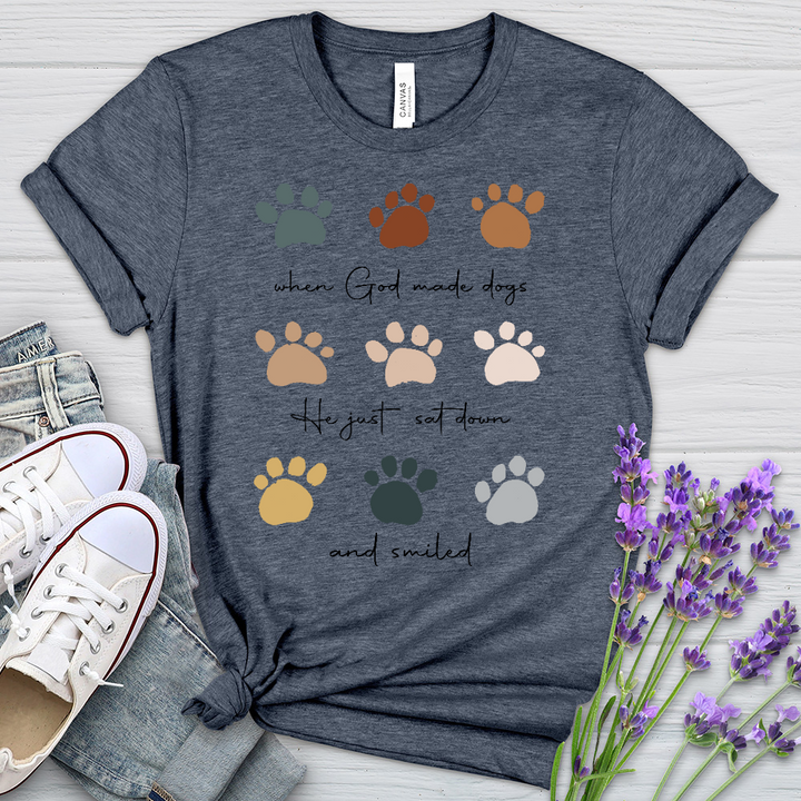 When God Created Dogs Paw Prints Heathered Tee