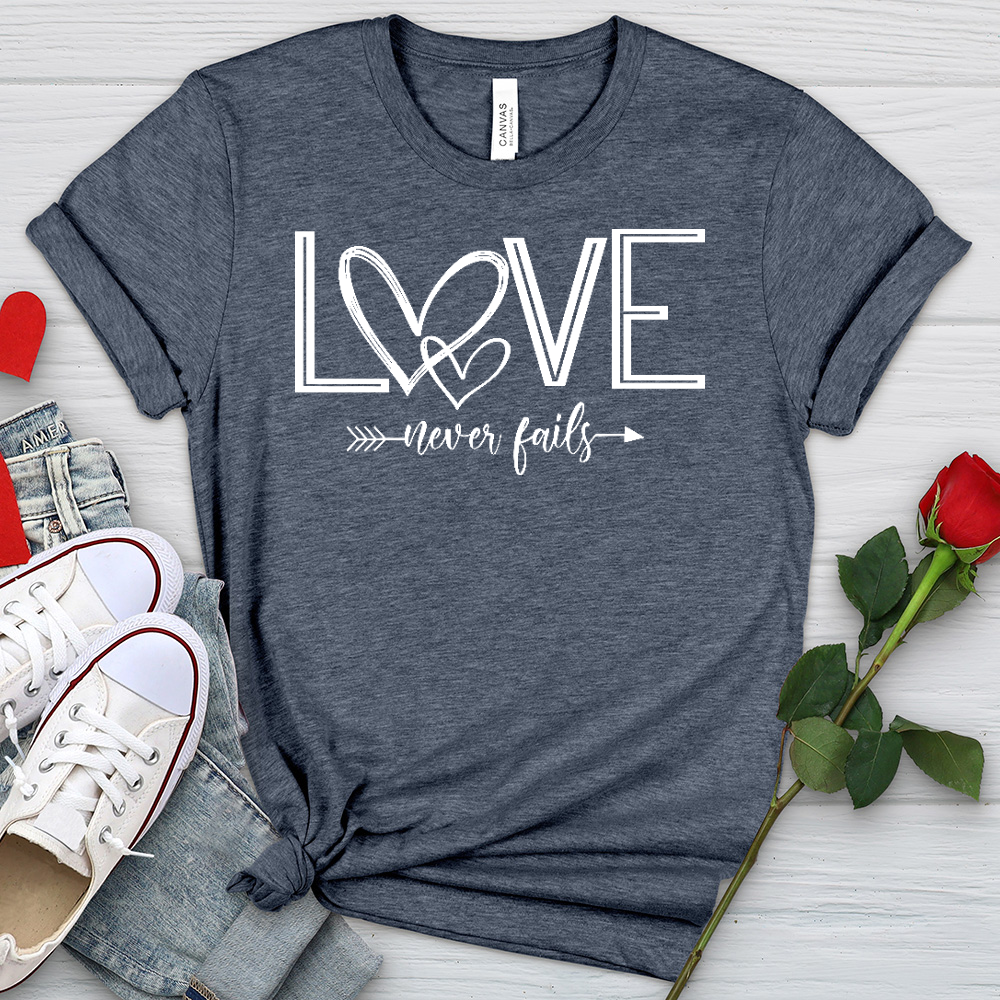 Love Never Fails Heart Arrow Heathered Tee