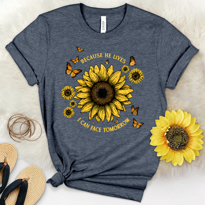 Because He Lives Sunflower Butterflies Heathered Tee