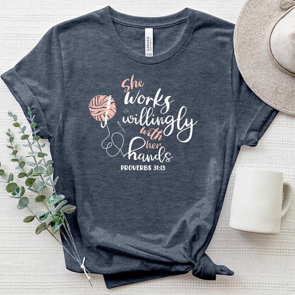 Proverbs 31-13 Knitting White Heathered Tee