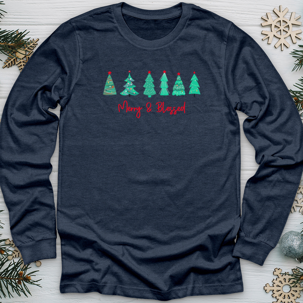 Merry & Blessed Turquoise Trees Long Sleeve Tee